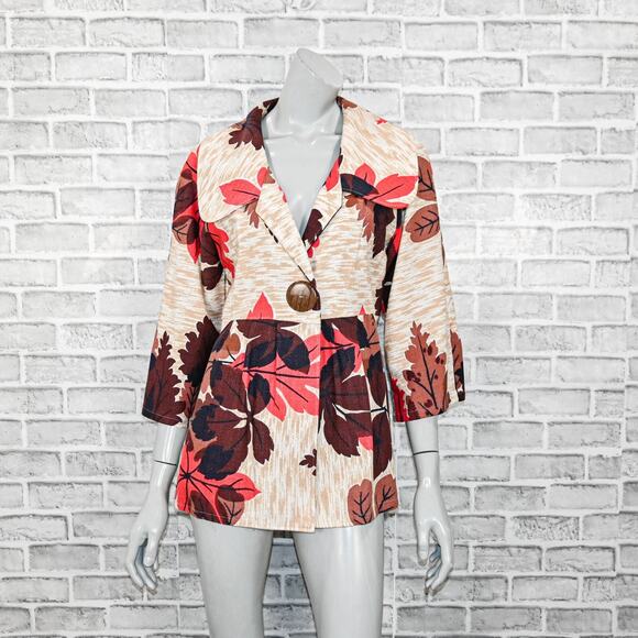 Jill Dufau Women's Vintage textile Barkcloth coat jacket leaf floral print Small - Picture 1 of 10